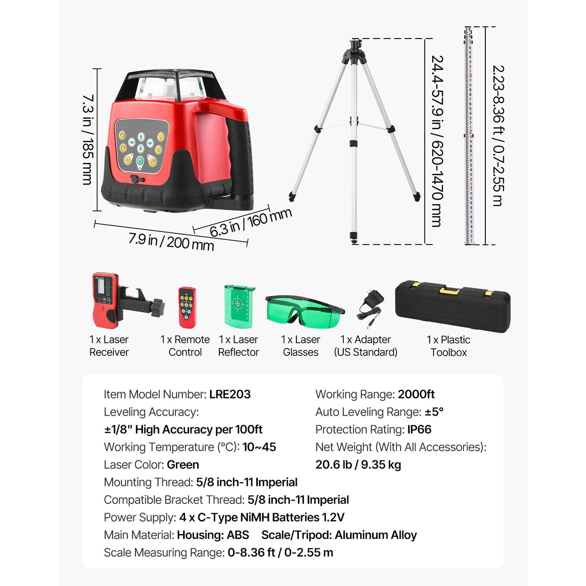 Rotary Laser Level Kit, 2000ft 360-Degree Self Leveling Green Horizontal Laser Transit,with Tripod,Receiver,Remote Control, Scale, Toolcase, IP66 Rating Waterproof, 0.80in/100ft for Construction