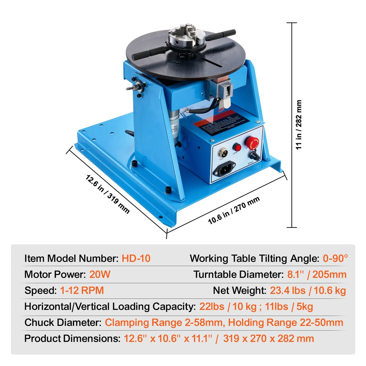 Rotary Welding Positioner 10KG, 0-90° Welding Positioning Turntable Table with 8.1 Inch 3-Jaw Lathe Chuck, 1-12 RPM 20W Portable Welder Positioning Machine for Cutting Grinding Assembly Testing