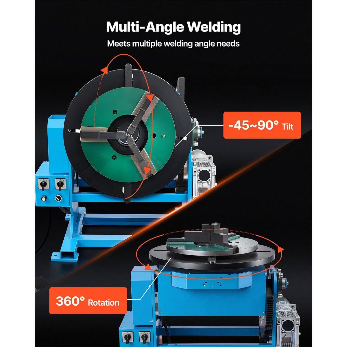 Rotary Welding Positioner, 1102 lbs Load Capacity, -45° to 90° Tilt Angle Welding Positioner Turntable Table, 0.2-2 RPM Speed Control, Electric and Foot Pedal, for Cutting, Grinding, Assembly