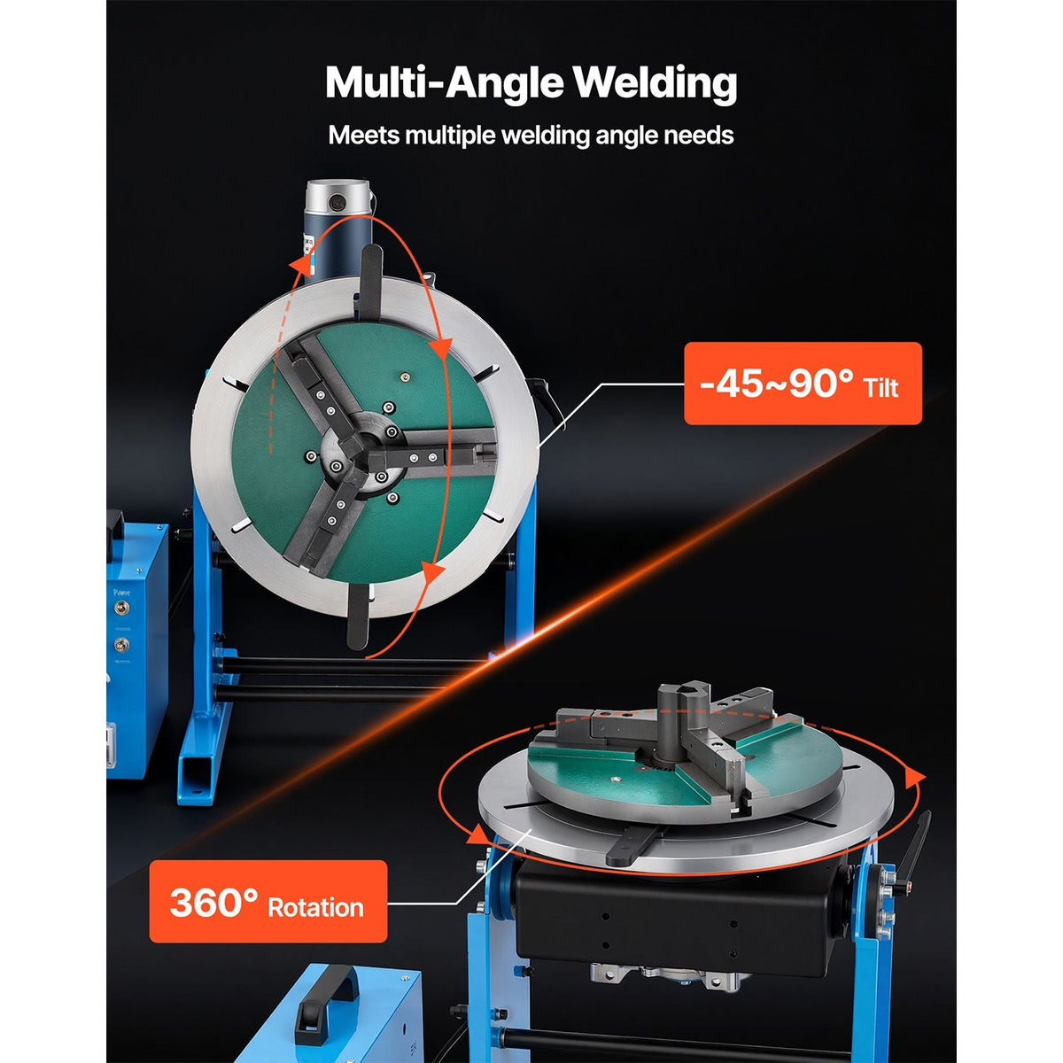 Rotary Welding Positioner, 441 lbs Load Capacity, -45° to 90° Tilt Angle Welding Positioner Turntable Table, 0.5-5 RPM Speed Control, Electric and Foot Pedal, for Cutting, Grinding, Assembly
