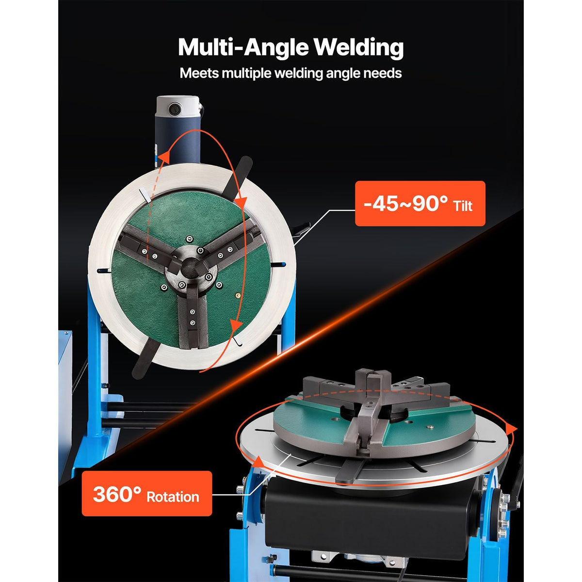 Rotary Welding Positioner, 661 lbs Load Capacity, -45° to 90° Tilt Angle Welding Positioner Turntable Table, 0.2-2.5 RPM Speed Control, Electric and Foot Pedal, for Cutting, Grinding, Assembly