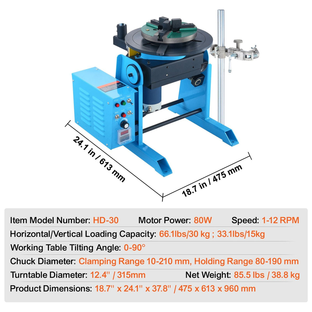 Rotary Welding Positioner 66LBS / 30KG, 0-90° Welding Positioning Turntable Table 1-12RPM 80W, with 12.4 Inch 3-Jaw Lathe Chuck & Welding Torch Stand Holder for Cutting, Grinding, Assembly