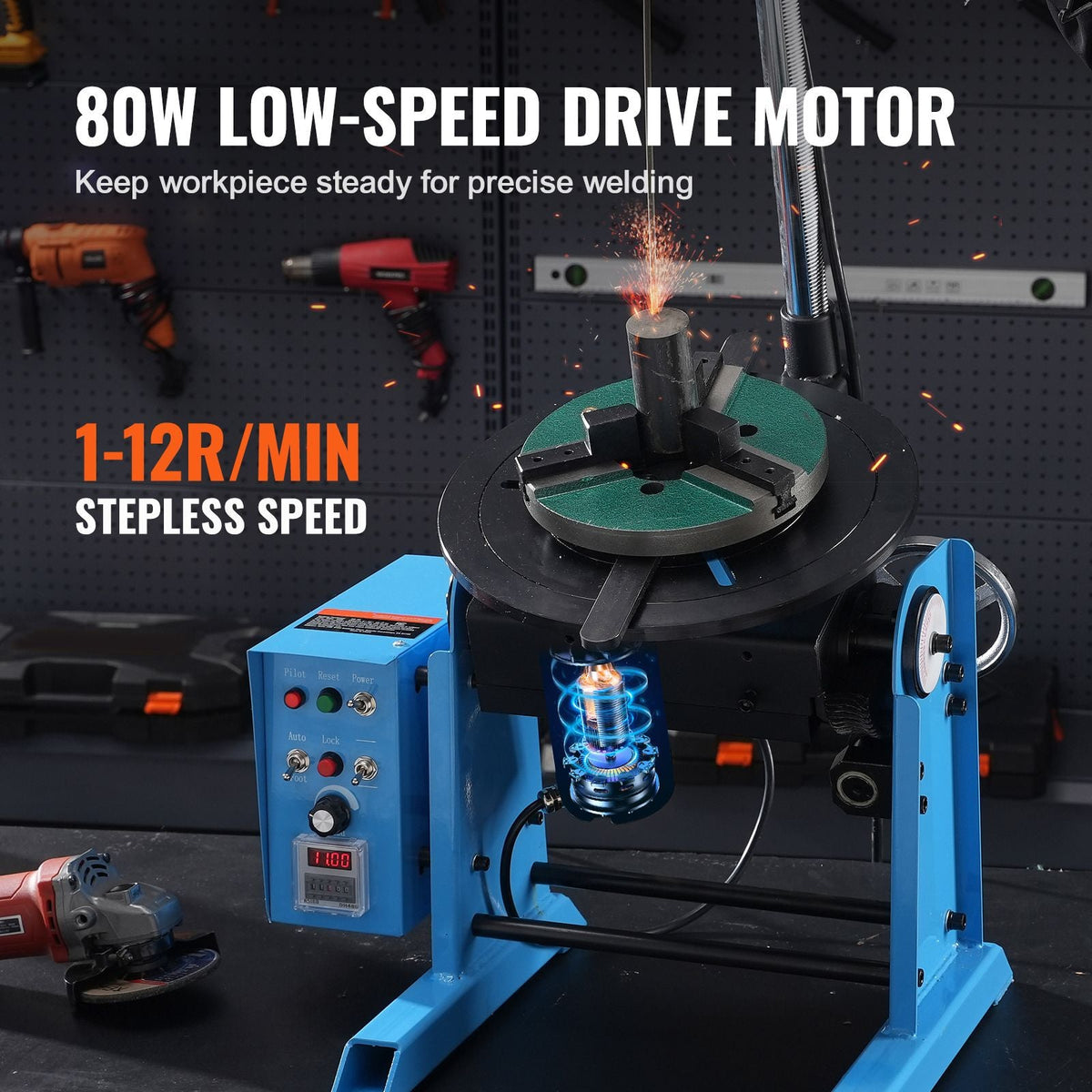 Rotary Welding Positioner 66LBS / 30KG, 0-90° Welding Positioning Turntable Table 1-12RPM 80W, with 12.4 Inch 3-Jaw Lathe Chuck & Welding Torch Stand Holder for Cutting, Grinding, Assembly