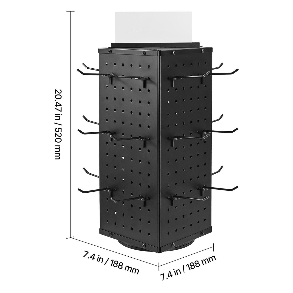 Rotating Pegboard Display Stand, 7.4 x 7.4 x 17 in 4-Sided Spinning Peg Board Display with 24 Hooks, Thickened Cold-Rolled Steel Craft Rack Organizer for Grocery Retail Store Jewelry Shop, Black