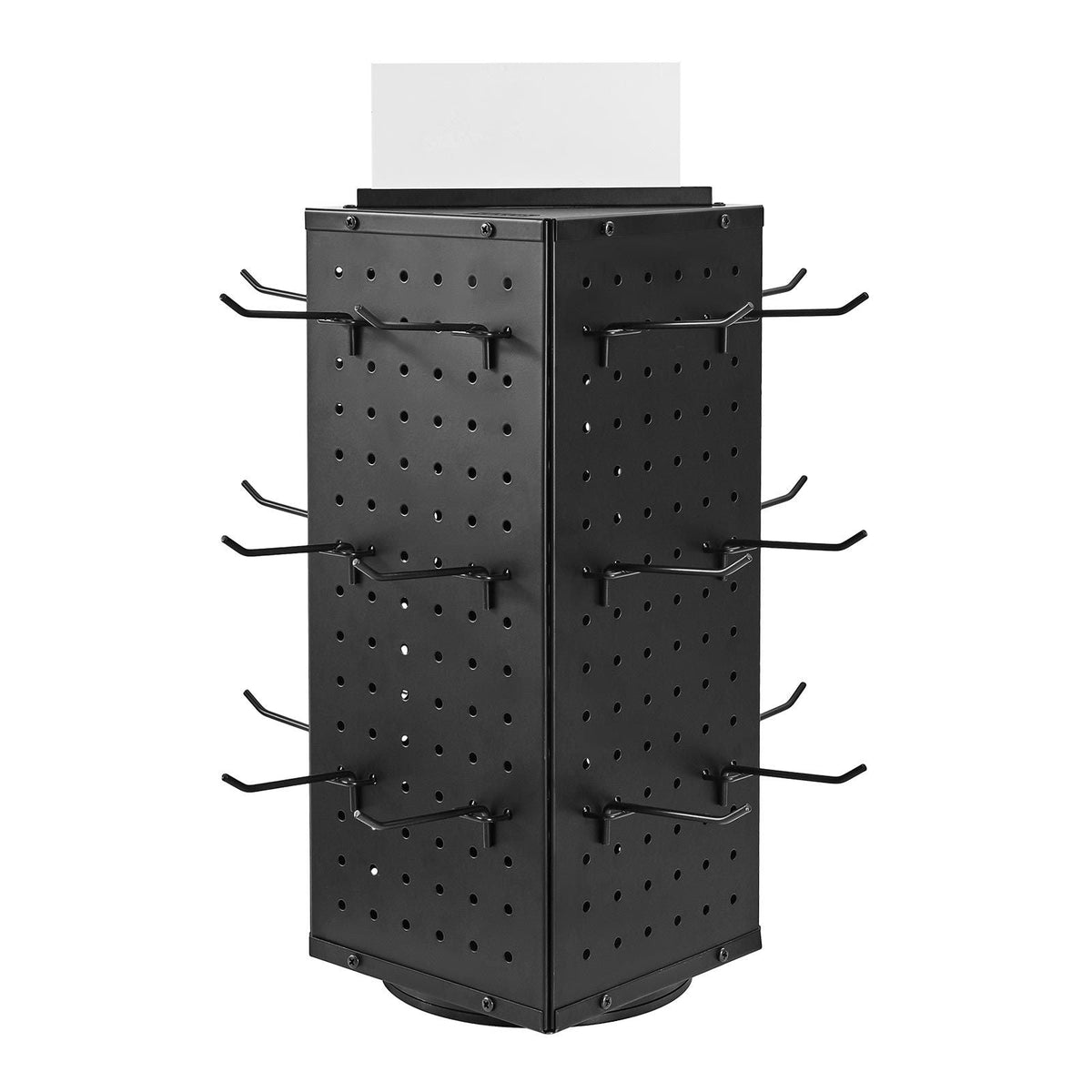 Rotating Pegboard Display Stand, 7.4 x 7.4 x 17 in 4-Sided Spinning Peg Board Display with 24 Hooks, Thickened Cold-Rolled Steel Craft Rack Organizer for Grocery Retail Store Jewelry Shop, Black