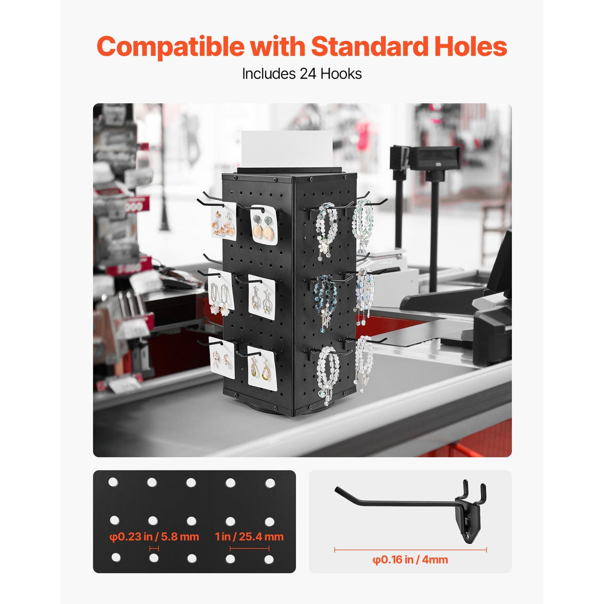 Rotating Pegboard Display Stand, 7.4 x 7.4 x 17 in 4-Sided Spinning Peg Board Display with 24 Hooks, Thickened Cold-Rolled Steel Craft Rack Organizer for Grocery Retail Store Jewelry Shop, Black