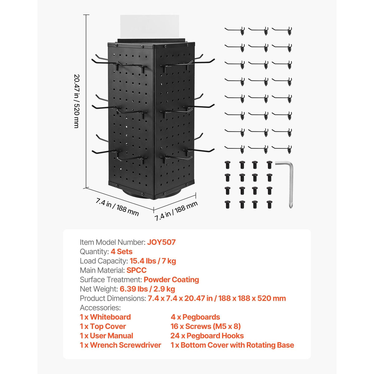 Rotating Pegboard Display Stand, 7.4 x 7.4 x 17 in 4-Sided Spinning Peg Board Display with 24 Hooks, Thickened Cold-Rolled Steel Craft Rack Organizer for Grocery Retail Store Jewelry Shop, Black