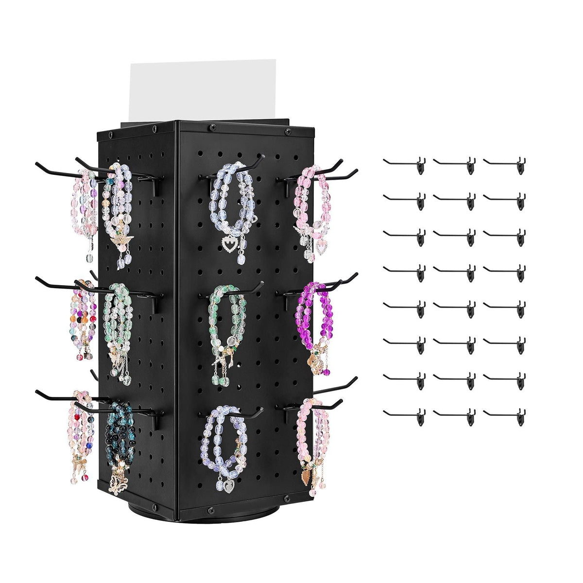 Rotating Pegboard Display Stand, 7.4 x 7.4 x 17 in 4-Sided Spinning Peg Board Display with 24 Hooks, Thickened Cold-Rolled Steel Craft Rack Organizer for Grocery Retail Store Jewelry Shop, Black
