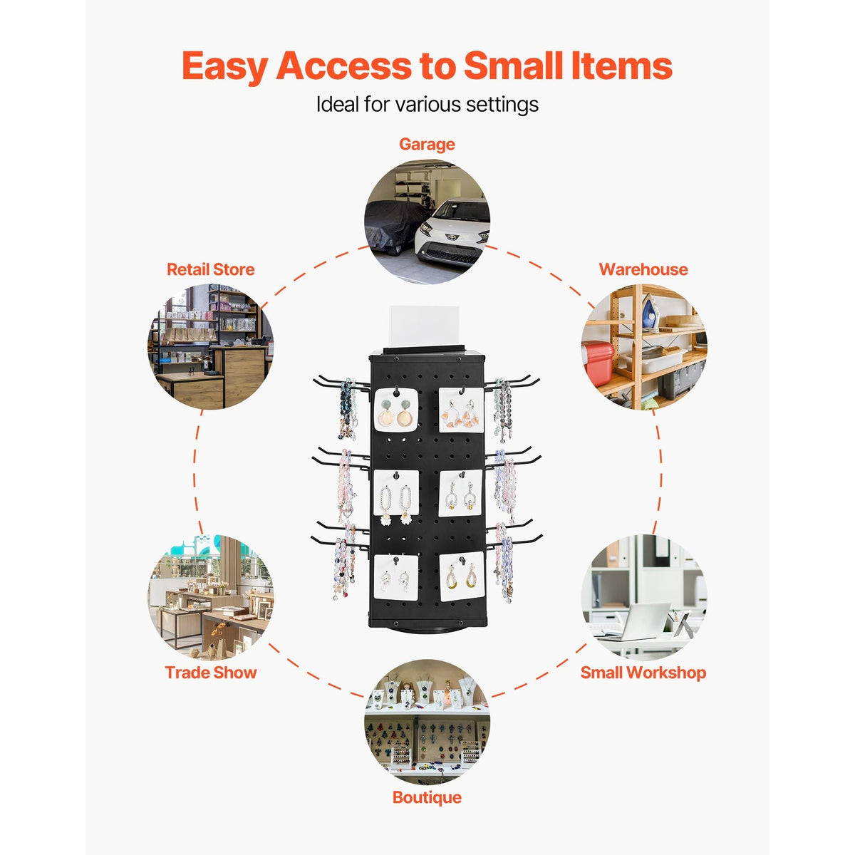 Rotating Pegboard Display Stand, 7.4 x 7.4 x 17 in 4-Sided Spinning Peg Board Display with 24 Hooks, Thickened Cold-Rolled Steel Craft Rack Organizer for Grocery Retail Store Jewelry Shop, Black