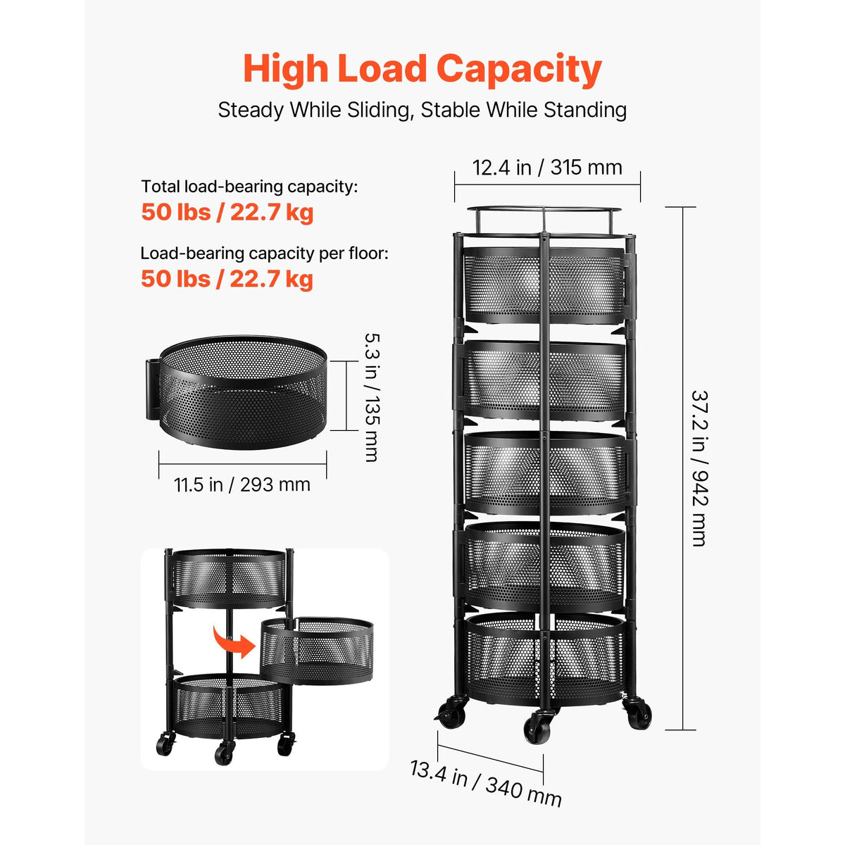 Rotating Storage Rack Cart, 5 Tier Fruit and Vegetable Basket Bowls, Heavy Duty Wire Basket Organizer on Wheels, Large Capacity Stand with Metal Top Lid, for Kitchen Bathroom Nursery, Black