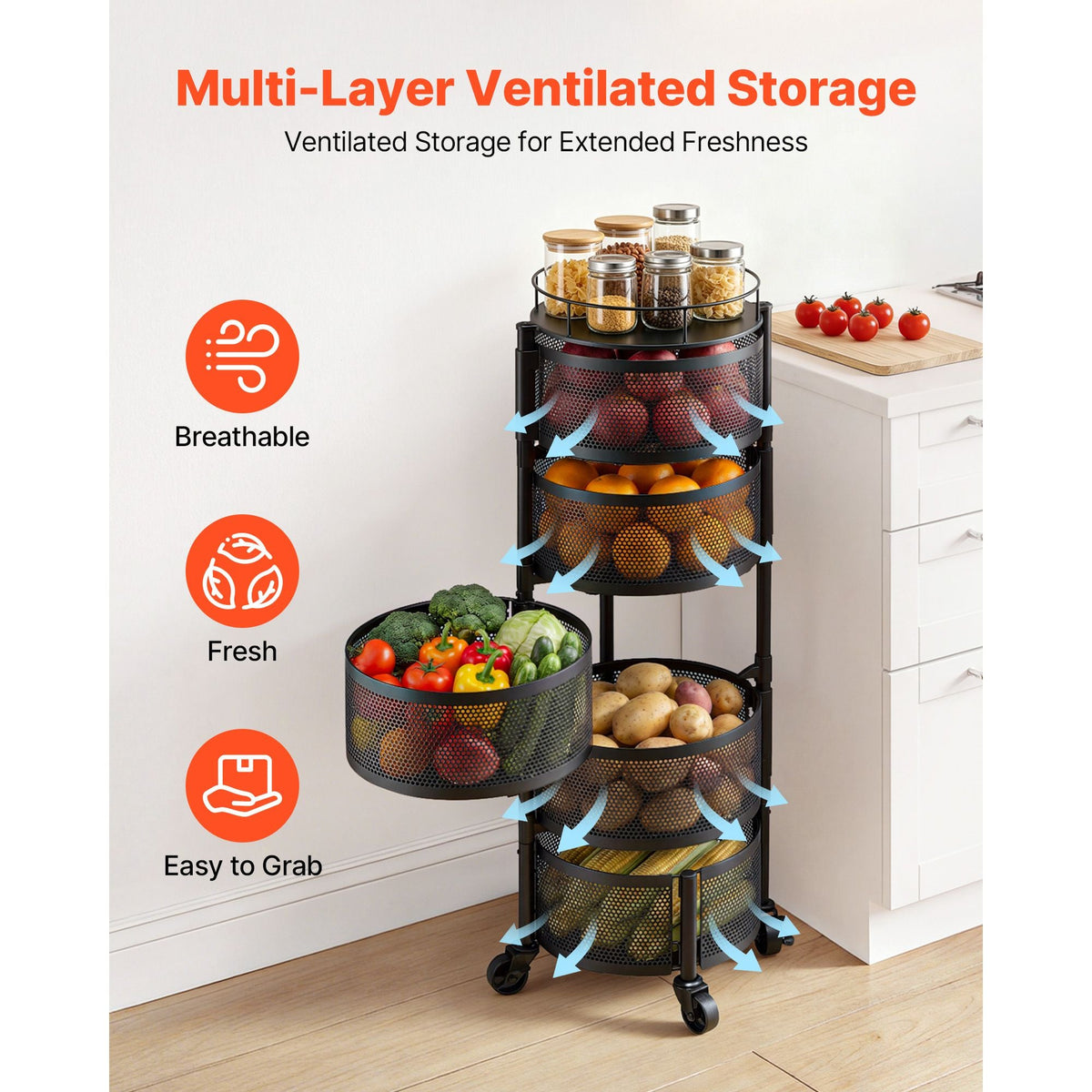 Rotating Storage Rack Cart, 5 Tier Fruit and Vegetable Basket Bowls, Heavy Duty Wire Basket Organizer on Wheels, Large Capacity Stand with Metal Top Lid, for Kitchen Bathroom Nursery, Black