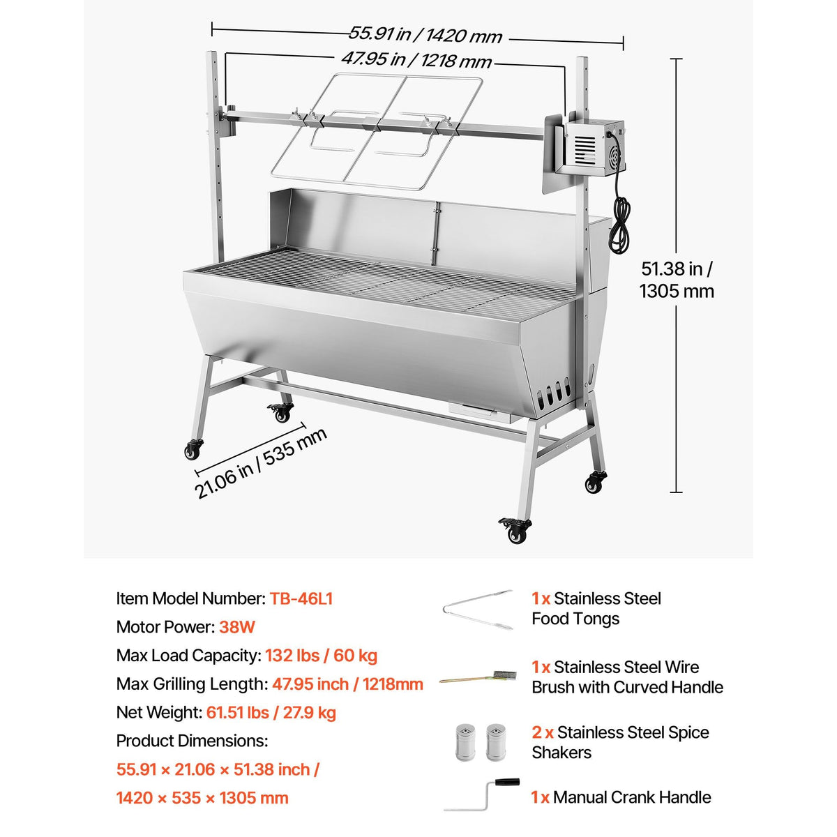 Rotisserie Grill, 38W BBQ Outdoor Pig & Lamb Spit Roaster, Charcoal Spit Roaster with 132 LBS Capacity, Wheels & 4-Level Height, Stainless Steel Electric Rotisserie Grill Kit for Camping Outdoor