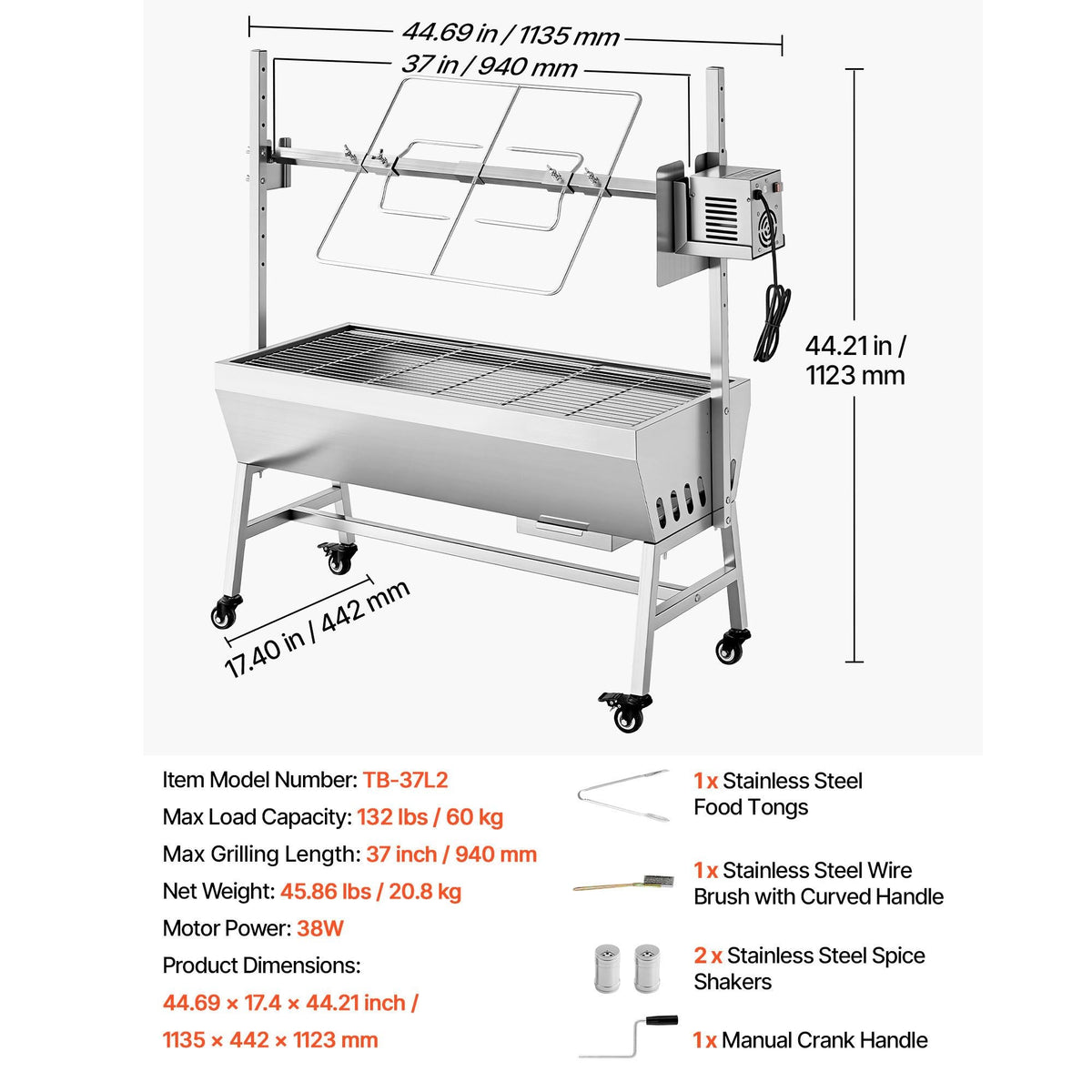 Rotisserie Grill, 38W BBQ Outdoor Pig & Lamb Spit Roaster, Charcoal Spit Roaster with 132 LBS Capacity, Wheels & 7-Level Height, Stainless Steel Electric Rotisserie Grill Kit for Camping Outdoor