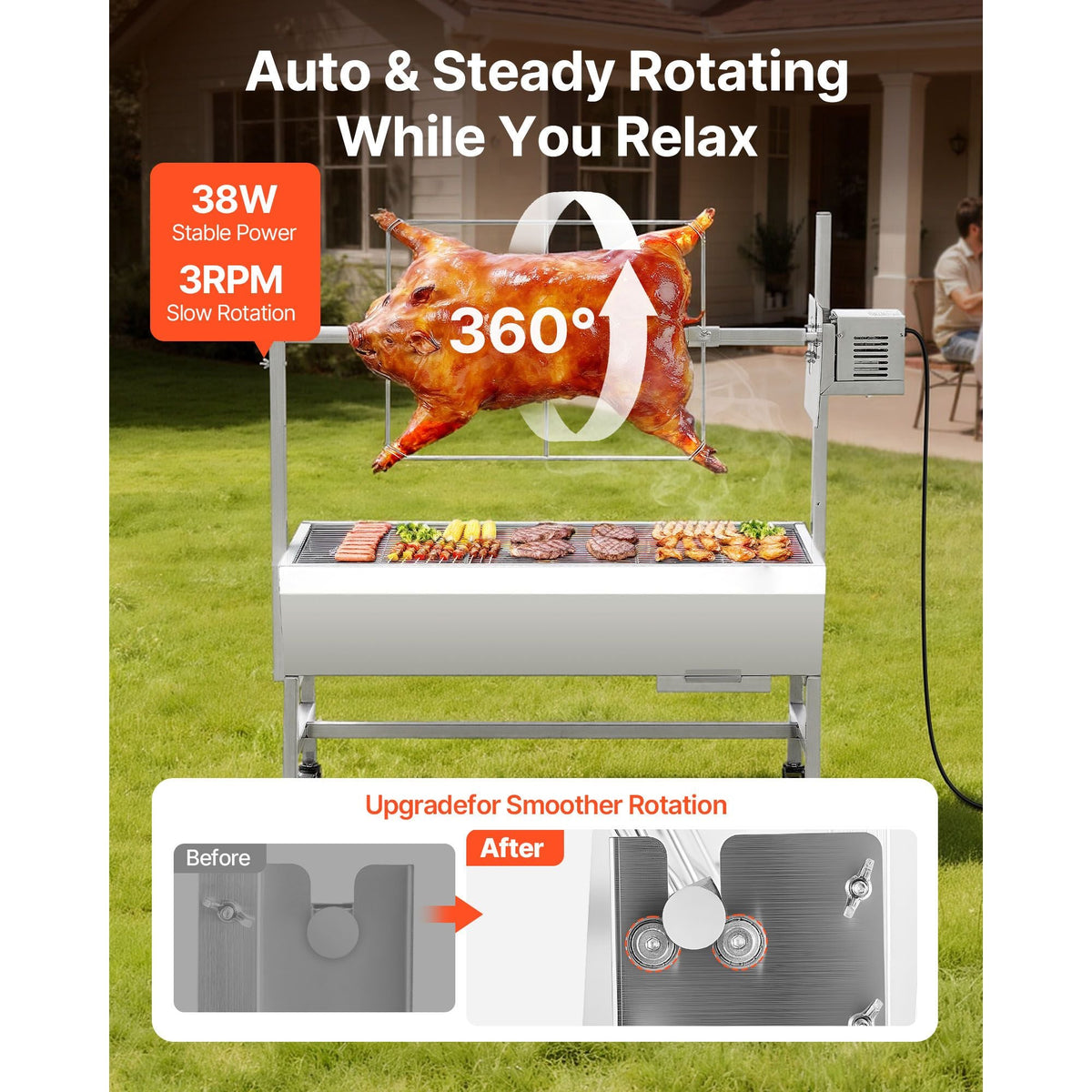 Rotisserie Grill, 38W BBQ Outdoor Pig & Lamb Spit Roaster, Charcoal Spit Roaster with 132 LBS Capacity, Wheels & 7-Level Height, Stainless Steel Electric Rotisserie Grill Kit for Camping Outdoor