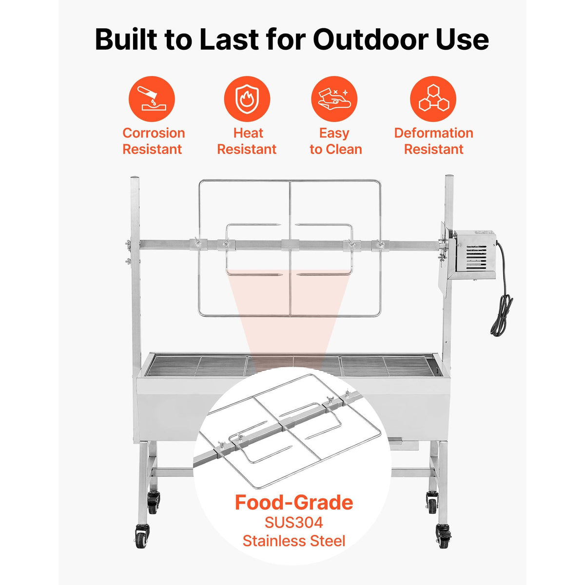 Rotisserie Grill, 38W BBQ Outdoor Pig & Lamb Spit Roaster, Charcoal Spit Roaster with 132 LBS Capacity, Wheels & 7-Level Height, Stainless Steel Electric Rotisserie Grill Kit for Camping Outdoor