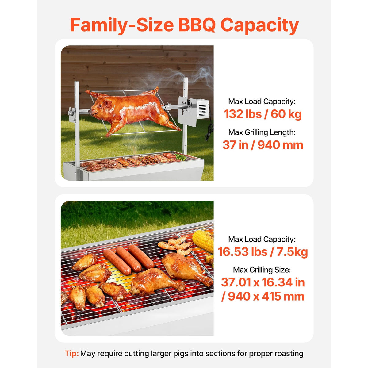 Rotisserie Grill, 38W BBQ Outdoor Pig & Lamb Spit Roaster, Charcoal Spit Roaster with 132 LBS Capacity, Wheels & 7-Level Height, Stainless Steel Electric Rotisserie Grill Kit for Camping Outdoor
