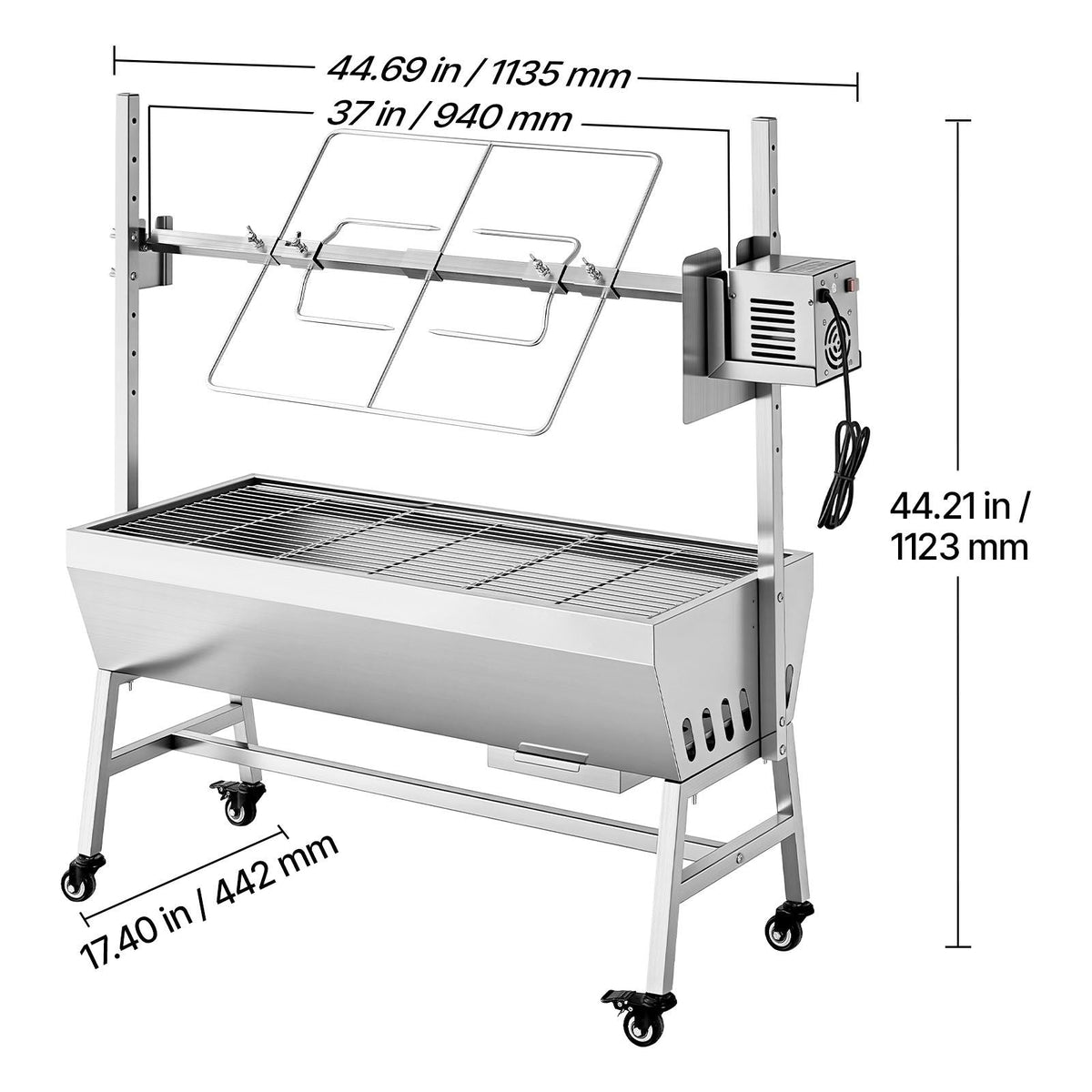 Rotisserie Grill, 38W BBQ Outdoor Pig & Lamb Spit Roaster, Charcoal Spit Roaster with 132 LBS Capacity, Wheels & 7-Level Height, Stainless Steel Electric Rotisserie Grill Kit for Camping Outdoor