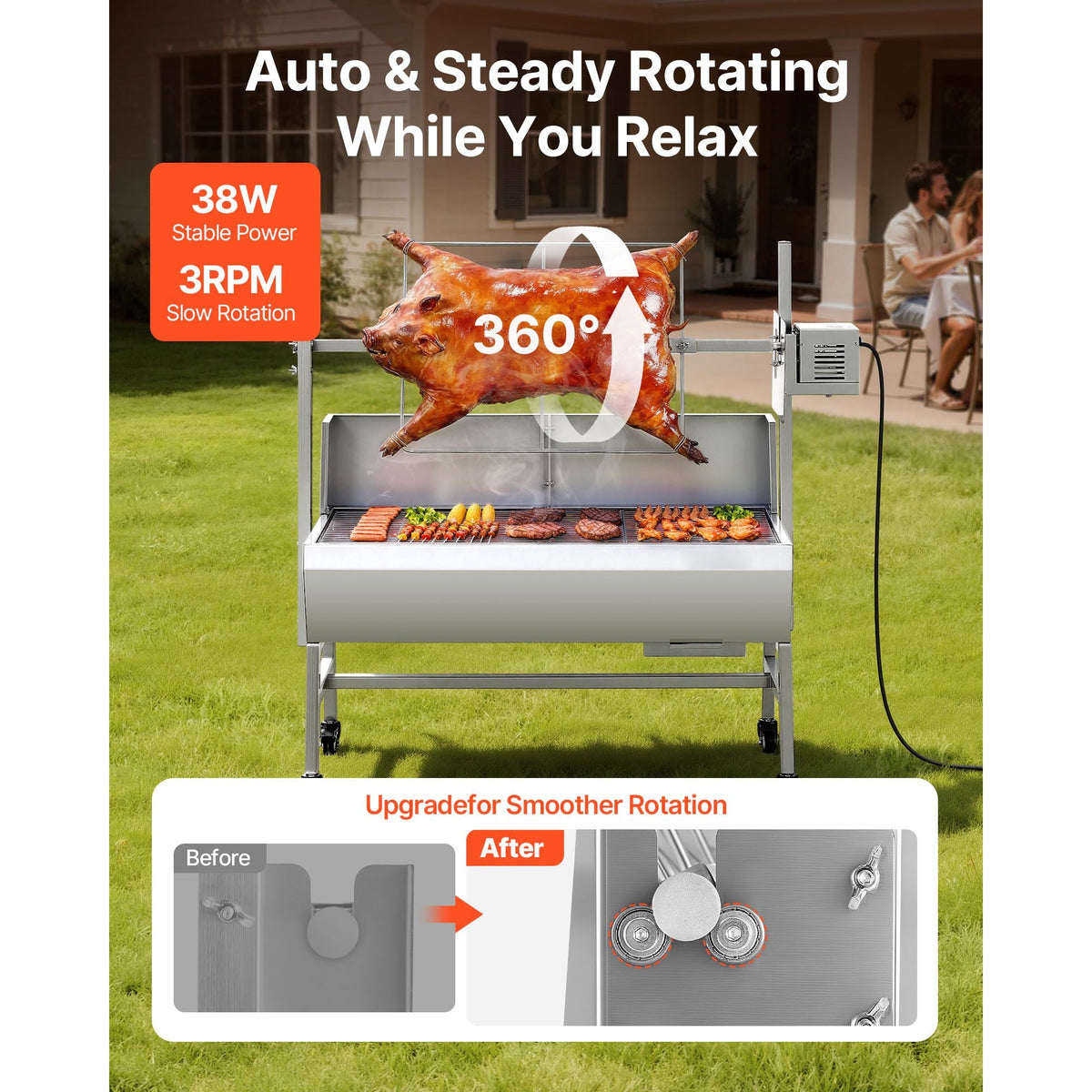 Rotisserie Grill, 38W BBQ Outdoor Pig & Lamb Spit Roaster, Charcoal Spit Roaster with 132 LBS Load Capacity & 7-Level Height, Stainless Steel Electric Rotisserie Grill Kit for Camping Outdoor