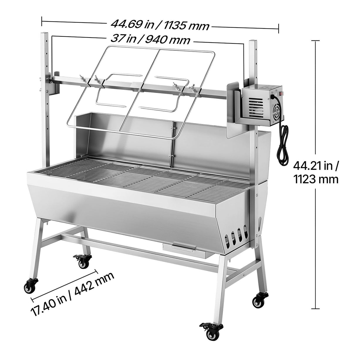 Rotisserie Grill, 38W BBQ Outdoor Pig & Lamb Spit Roaster, Charcoal Spit Roaster with 132 LBS Load Capacity & 7-Level Height, Stainless Steel Electric Rotisserie Grill Kit for Camping Outdoor