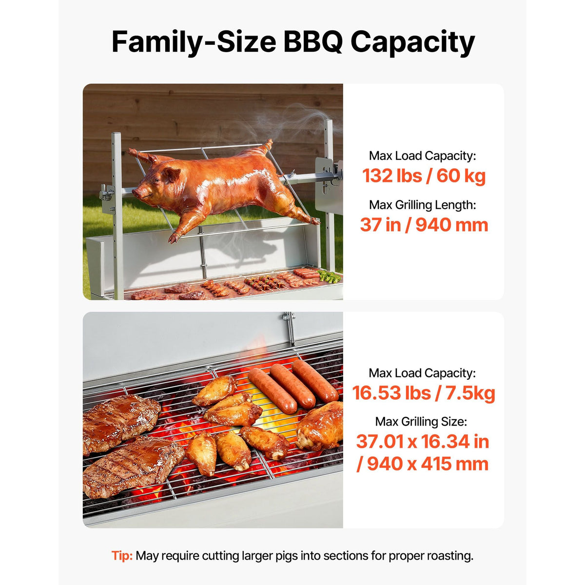 Rotisserie Grill, 38W BBQ Outdoor Pig & Lamb Spit Roaster, Charcoal Spit Roaster with 132 LBS Load Capacity & 7-Level Height, Stainless Steel Electric Rotisserie Grill Kit for Camping Outdoor