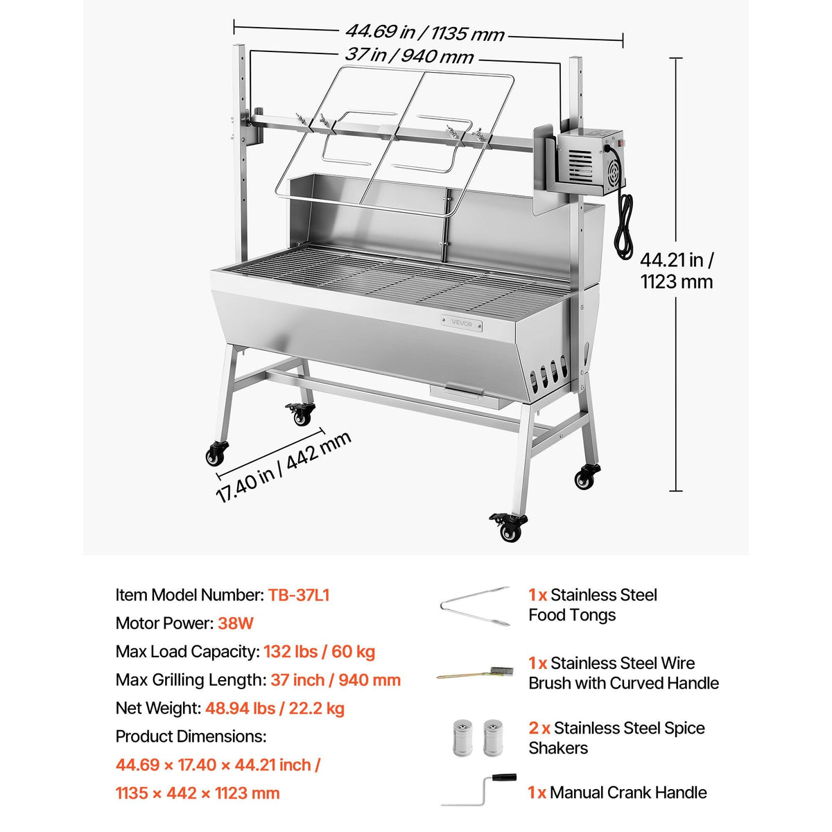 Rotisserie Grill, 38W BBQ Outdoor Pig & Lamb Spit Roaster, Charcoal Spit Roaster with 132 LBS Load Capacity & 7-Level Height, Stainless Steel Electric Rotisserie Grill Kit for Camping Outdoor
