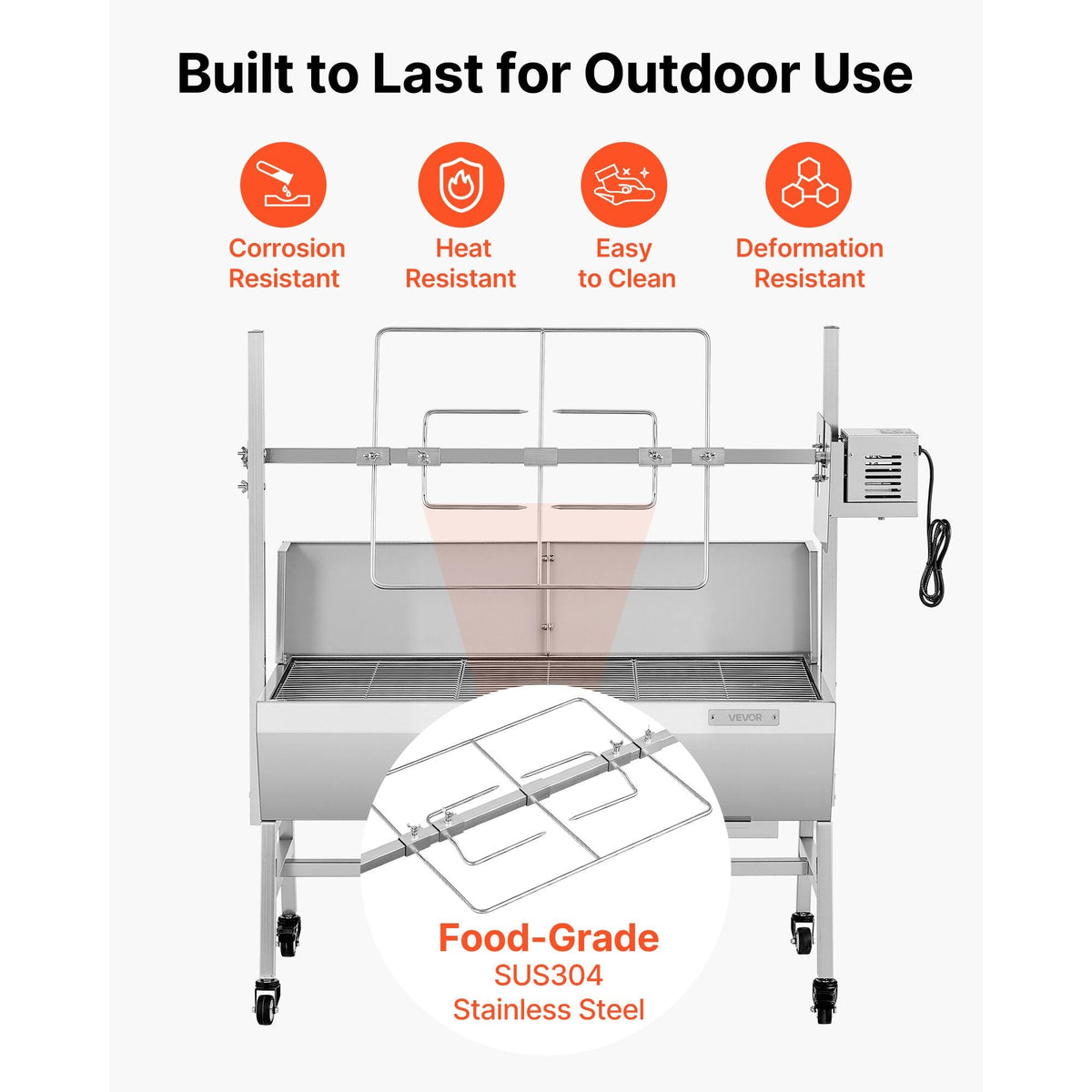 Rotisserie Grill, 38W BBQ Outdoor Pig & Lamb Spit Roaster, Charcoal Spit Roaster with 132 LBS Load Capacity & 7-Level Height, Stainless Steel Electric Rotisserie Grill Kit for Camping Outdoor