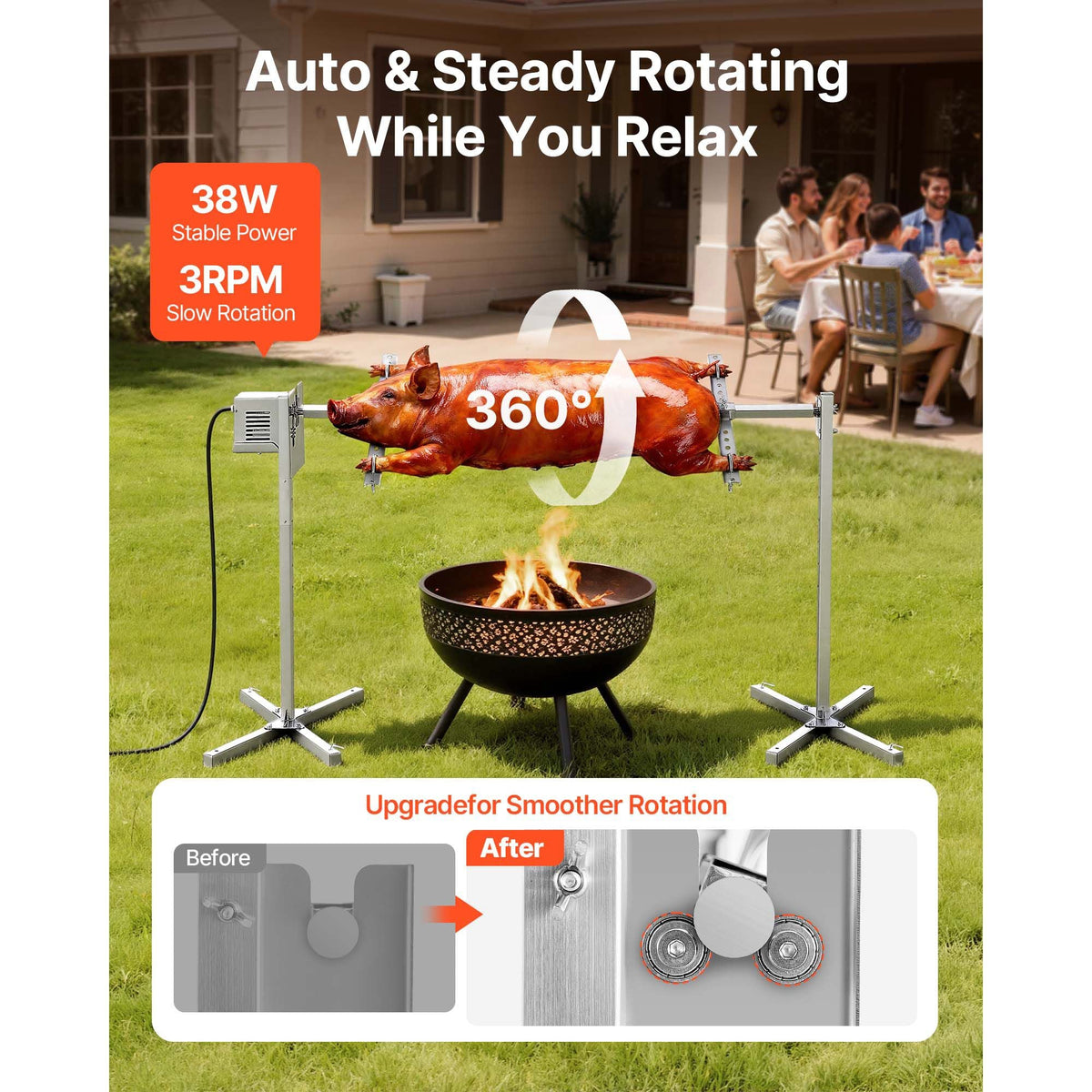 Rotisserie Grill, AC120V 8 Level Height Electric Rotisserie Grill Kit, BBQ Grills Rotisseries Kit with 132 lbs Load Capacity, 38W Motor, Stainless Steel Automatic Grilling Kits for Parties