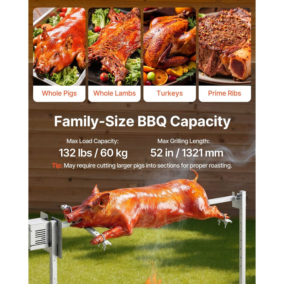 Rotisserie Grill, AC120V 8 Level Height Electric Rotisserie Grill Kit, BBQ Grills Rotisseries Kit with 132 lbs Load Capacity, 38W Motor, Stainless Steel Automatic Grilling Kits for Parties