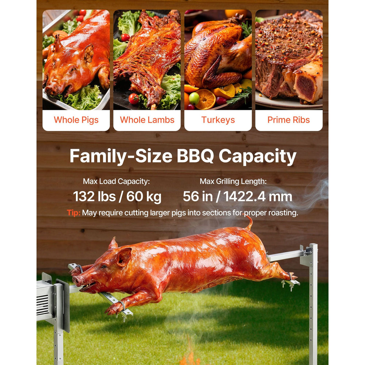 Rotisserie Grill, AC120V 8 Level Height Electric Rotisserie Grill Kit, BBQ Grills Rotisseries Kit with 132 lbs Load Capacity, 38W Motor, Stainless Steel Automatic Grilling Kits for Parties