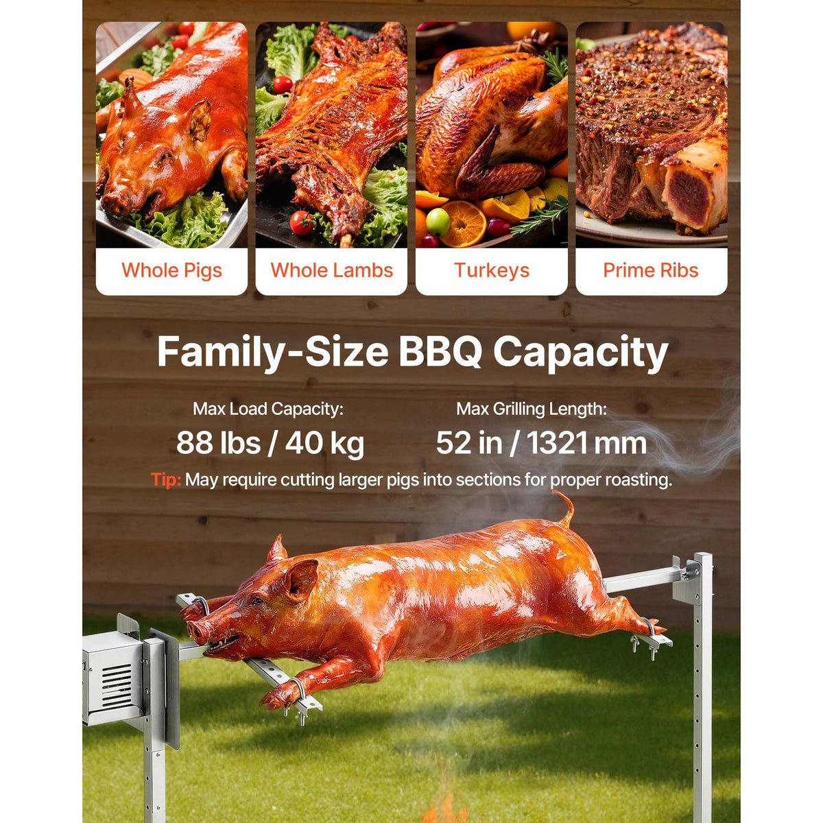 Rotisserie Grill, AC120V 8 Level Height Electric Rotisserie Grill Kit, BBQ Grills Rotisseries Kit with 88 lbs Load Capacity, 38W Motor, Stainless Steel Automatic Grilling Kits for Parties