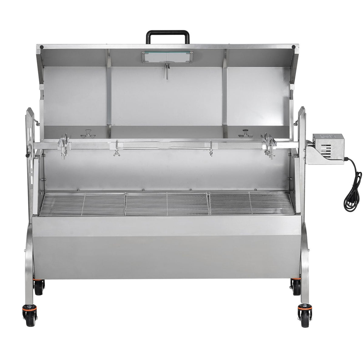 Rotisserie Grill with Hooded Cover, BBQ Whole Pig Lamb Goat Charcoal Spit Grill, 46 Inch 132Lbs Capacity, Electric 52W Motor Stainless Steel Roaster with Viewing Window and Lockable Wheels