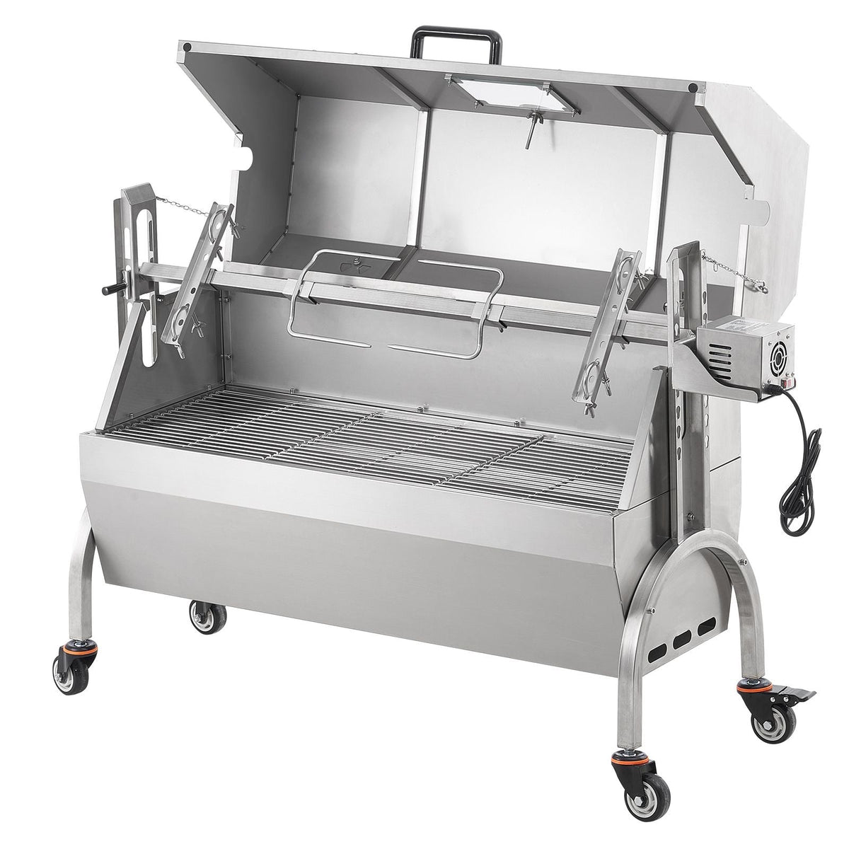 Rotisserie Grill with Hooded Cover, BBQ Whole Pig Lamb Goat Charcoal Spit Grill, 46 Inch 132Lbs Capacity, Electric 52W Motor Stainless Steel Roaster with Viewing Window and Lockable Wheels