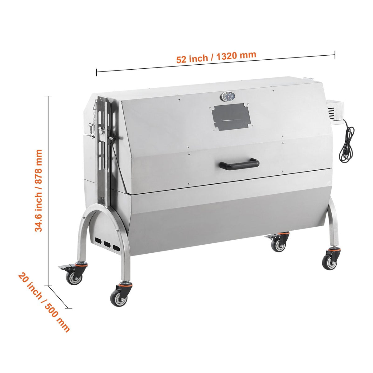 Rotisserie Grill with Hooded Cover, BBQ Whole Pig Lamb Goat Charcoal Spit Grill, 46 Inch 132Lbs Capacity, Electric 52W Motor Stainless Steel Roaster with Viewing Window and Lockable Wheels