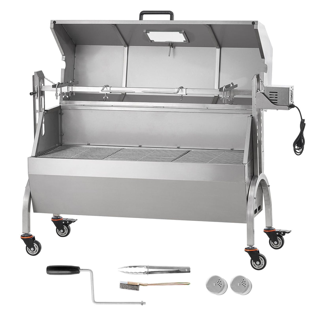 Rotisserie Grill with Hooded Cover, BBQ Whole Pig Lamb Goat Charcoal Spit Grill, 46 Inch 132Lbs Capacity, Electric 52W Motor Stainless Steel Roaster with Viewing Window and Lockable Wheels