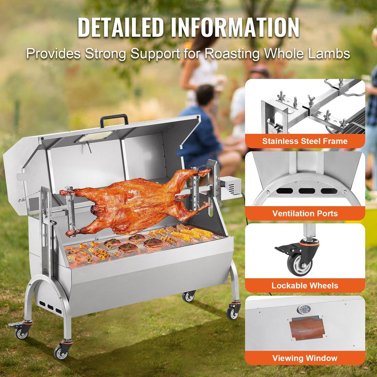 Rotisserie Grill with Hooded Cover, BBQ Whole Pig Lamb Goat Charcoal Spit Grill, 46 Inch 132Lbs Capacity, Electric 52W Motor Stainless Steel Roaster with Viewing Window and Lockable Wheels