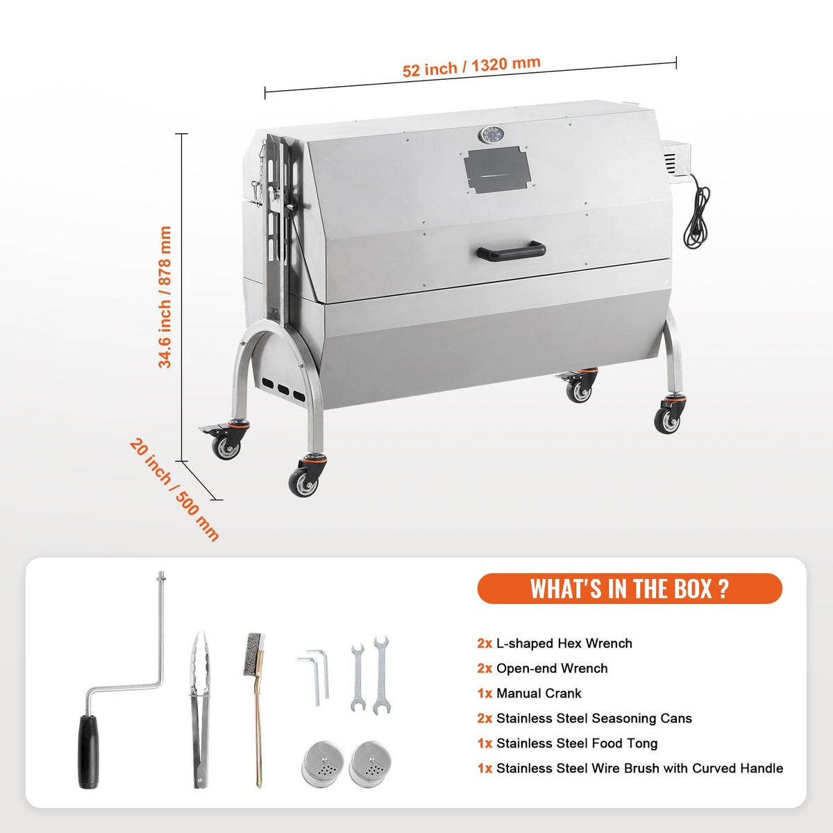 Rotisserie Grill with Hooded Cover, BBQ Whole Pig Lamb Goat Charcoal Spit Grill, 46 Inch 132Lbs Capacity, Electric 52W Motor Stainless Steel Roaster with Viewing Window and Lockable Wheels