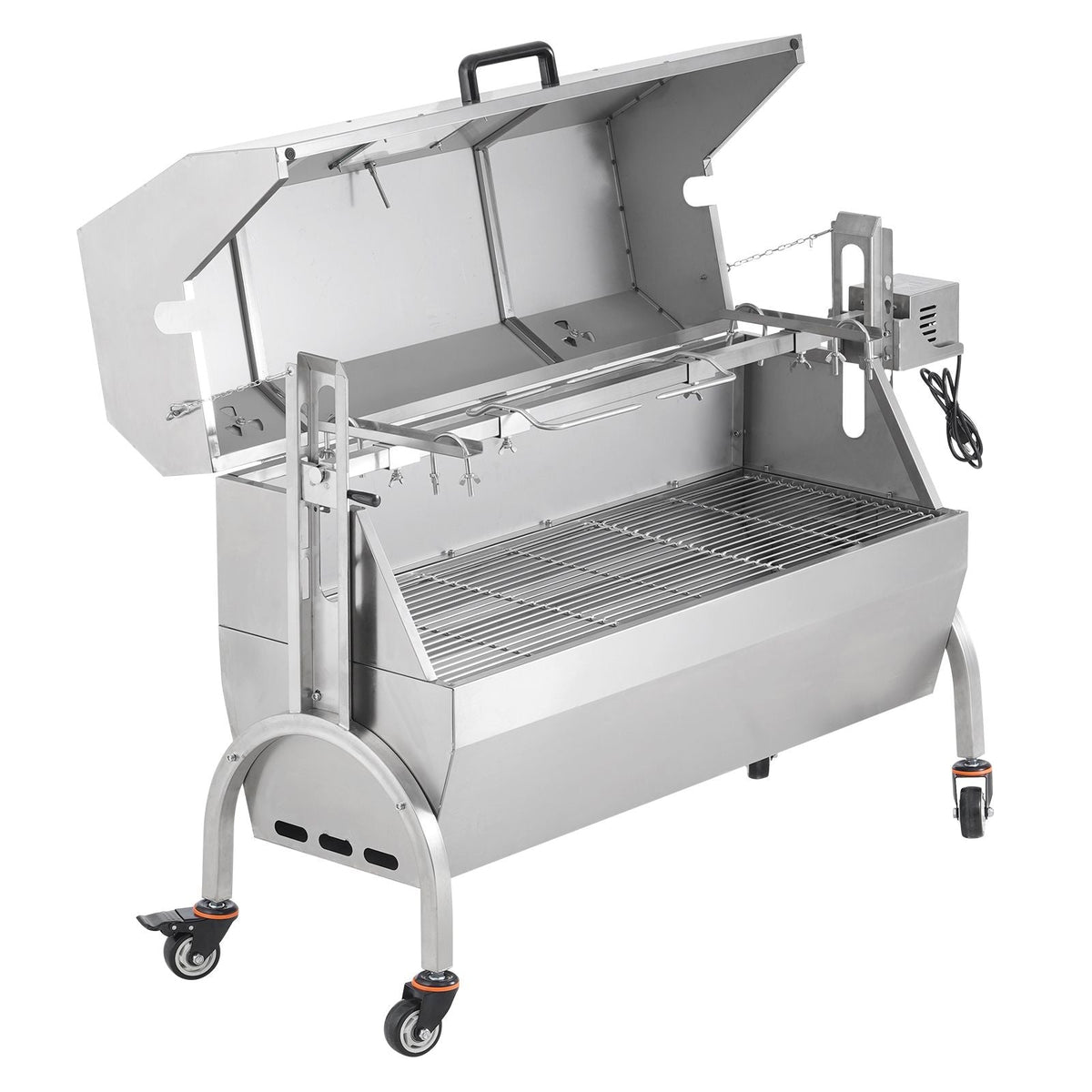 Rotisserie Grill with Hooded Cover, BBQ Whole Pig Lamb Goat Charcoal Spit Grill, 46 Inch 132Lbs Capacity, Electric 52W Motor Stainless Steel Roaster with Viewing Window and Lockable Wheels