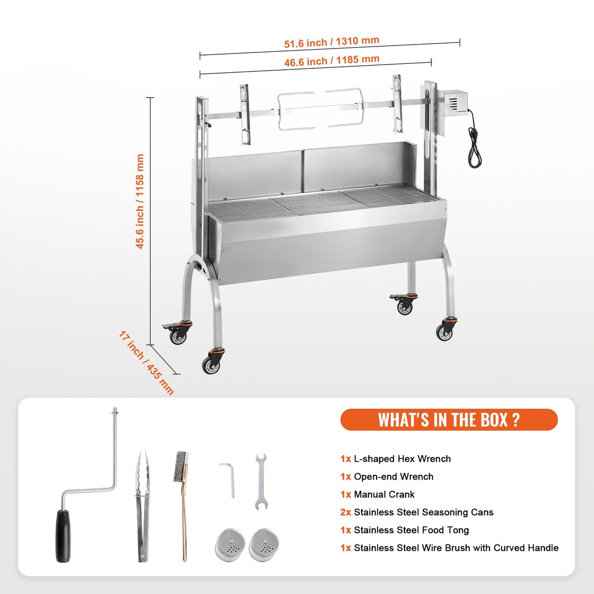 Rotisserie Grill with Windscreen, BBQ Whole Pig Lamb Goat Charcoal Spit Grill, 46 Inch 132 Lbs Capacity, Electric 52W Motor Stainless Steel Roaster with Lockable Wheels, for Camping Outdoor