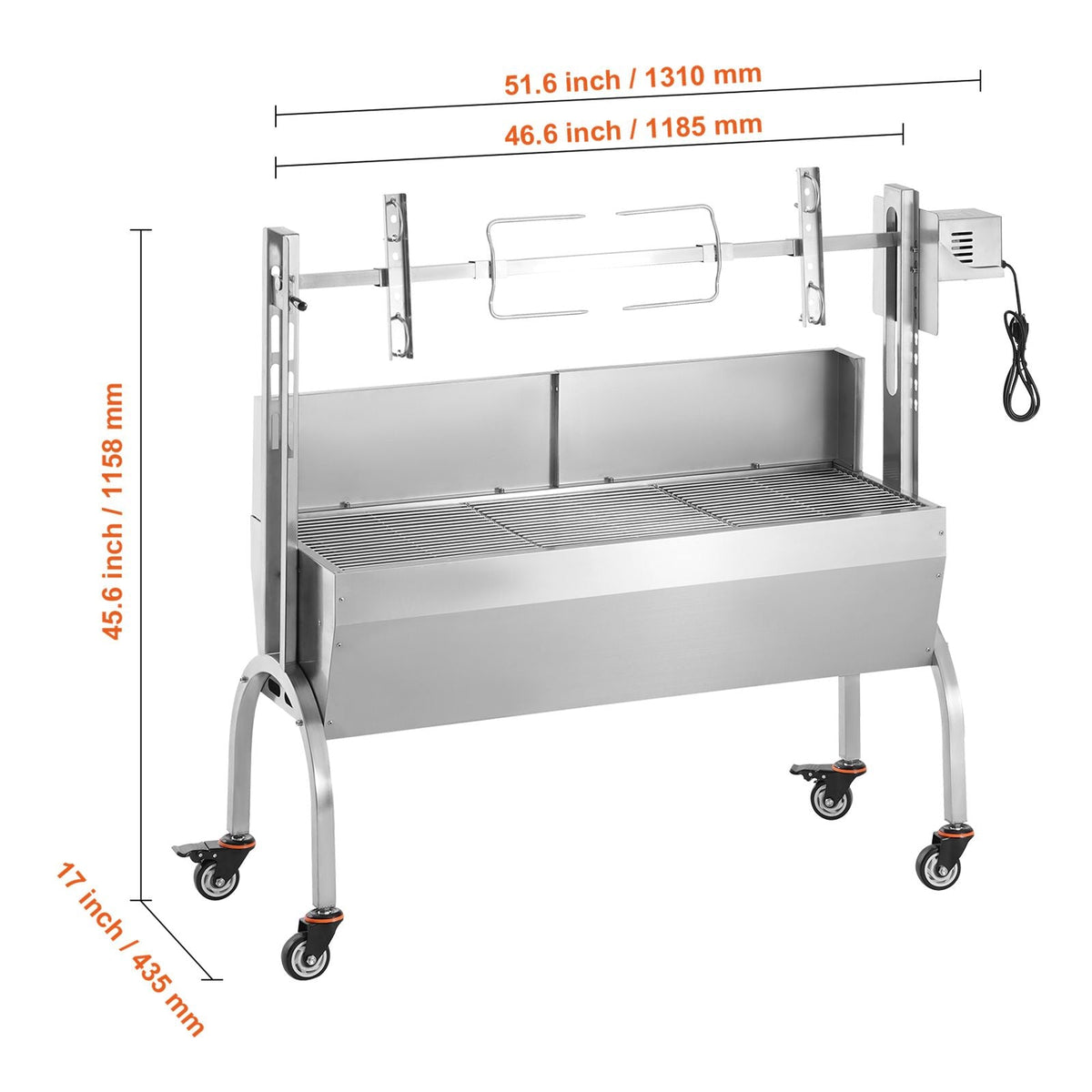 Rotisserie Grill with Windscreen, BBQ Whole Pig Lamb Goat Charcoal Spit Grill, 46 Inch 132 Lbs Capacity, Electric 52W Motor Stainless Steel Roaster with Lockable Wheels, for Camping Outdoor