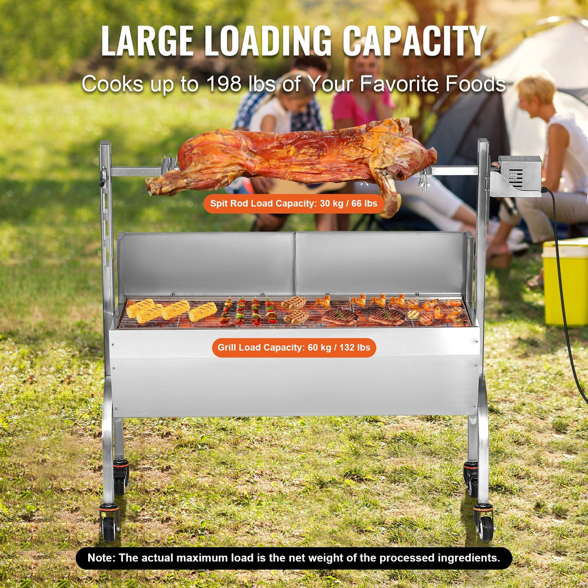 Rotisserie Grill with Windscreen, BBQ Whole Pig Lamb Goat Charcoal Spit Grill, 46 Inch 132 Lbs Capacity, Electric 52W Motor Stainless Steel Roaster with Lockable Wheels, for Camping Outdoor