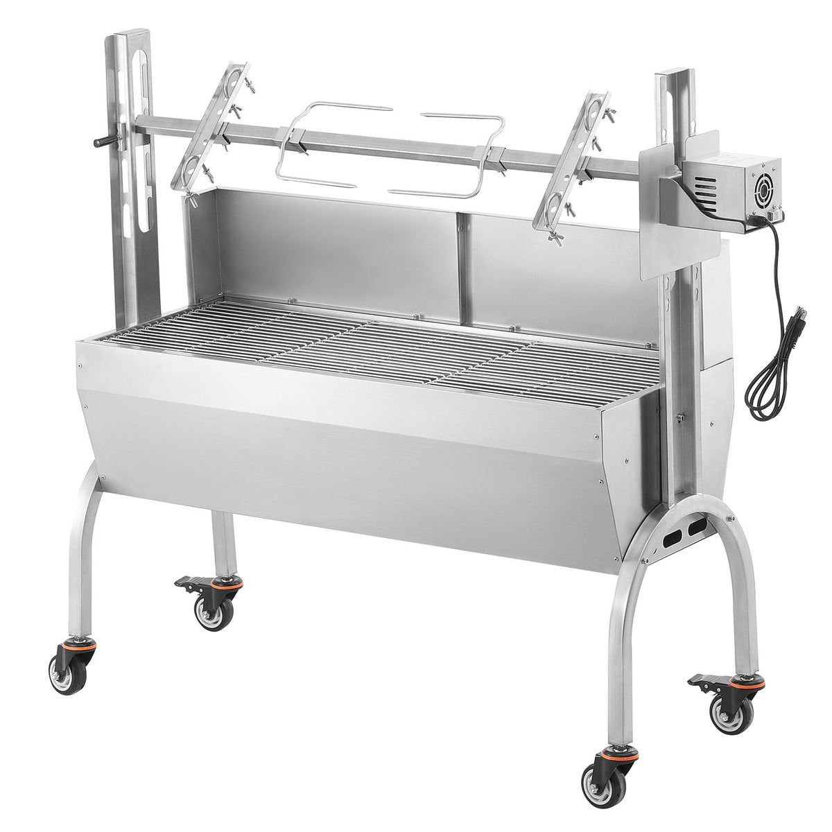 Rotisserie Grill with Windscreen, BBQ Whole Pig Lamb Goat Charcoal Spit Grill, 46 Inch 132 Lbs Capacity, Electric 52W Motor Stainless Steel Roaster with Lockable Wheels, for Camping Outdoor