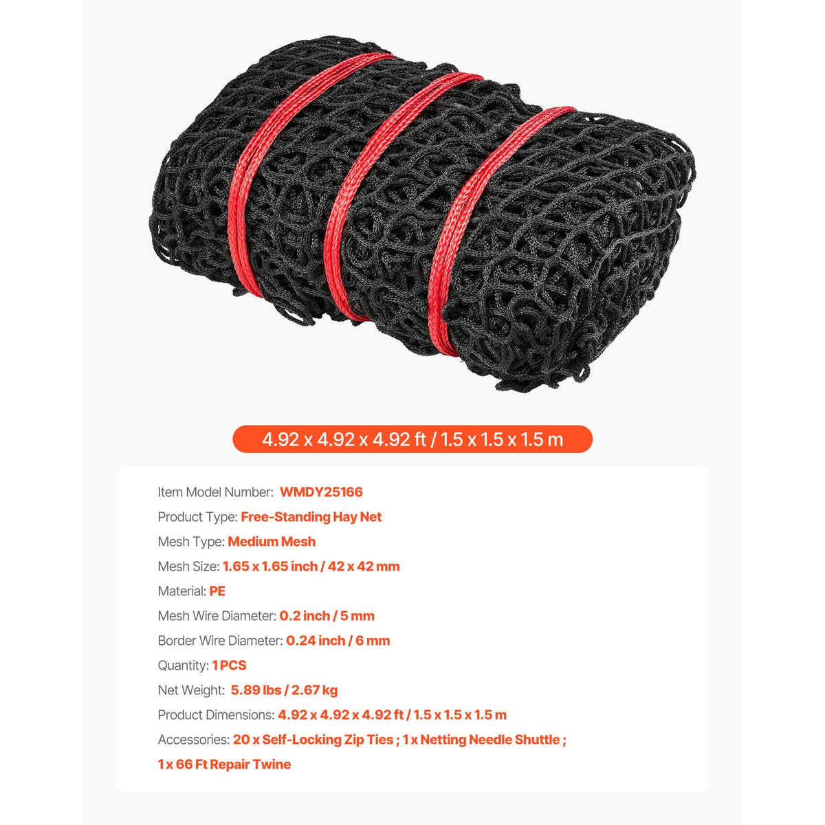 Round Bale Hay Net, 4.92 x 4.92 x 4.92 ft, 1.65 inch Holes, PE Material, Knotless Design, with Self-Locking Zip Ties, Needle Shuttle, and Repair Twine, Slow Feeder Round Bale Net for Horses