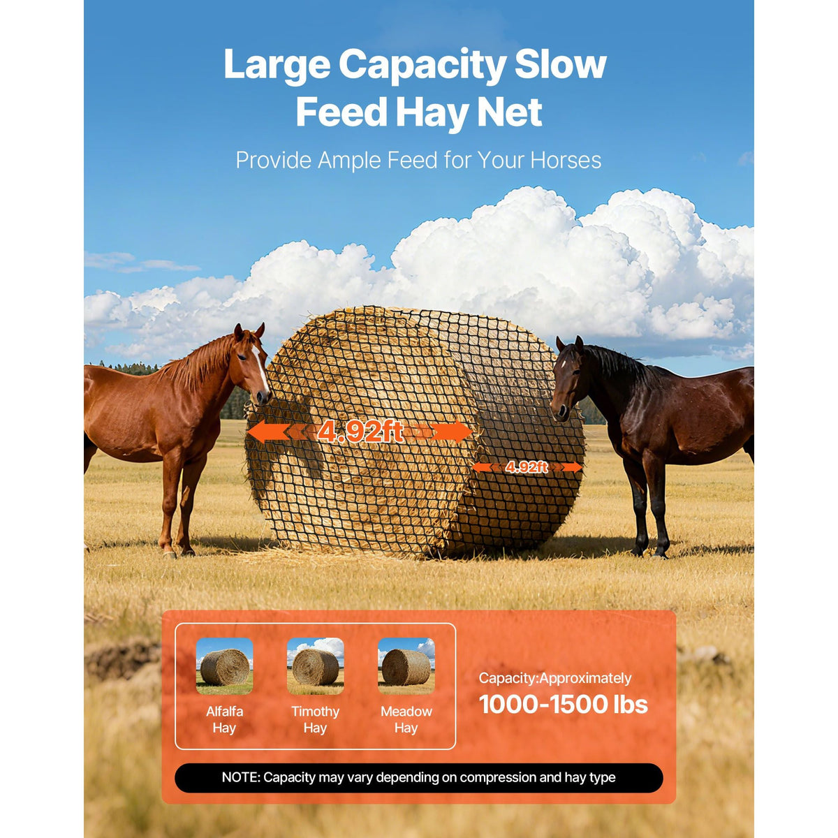 Round Bale Hay Net, 4.92 x 4.92 x 4.92 ft, 1.65 inch Holes, PE Material, Knotless Design, with Self-Locking Zip Ties, Needle Shuttle, and Repair Twine, Slow Feeder Round Bale Net for Horses