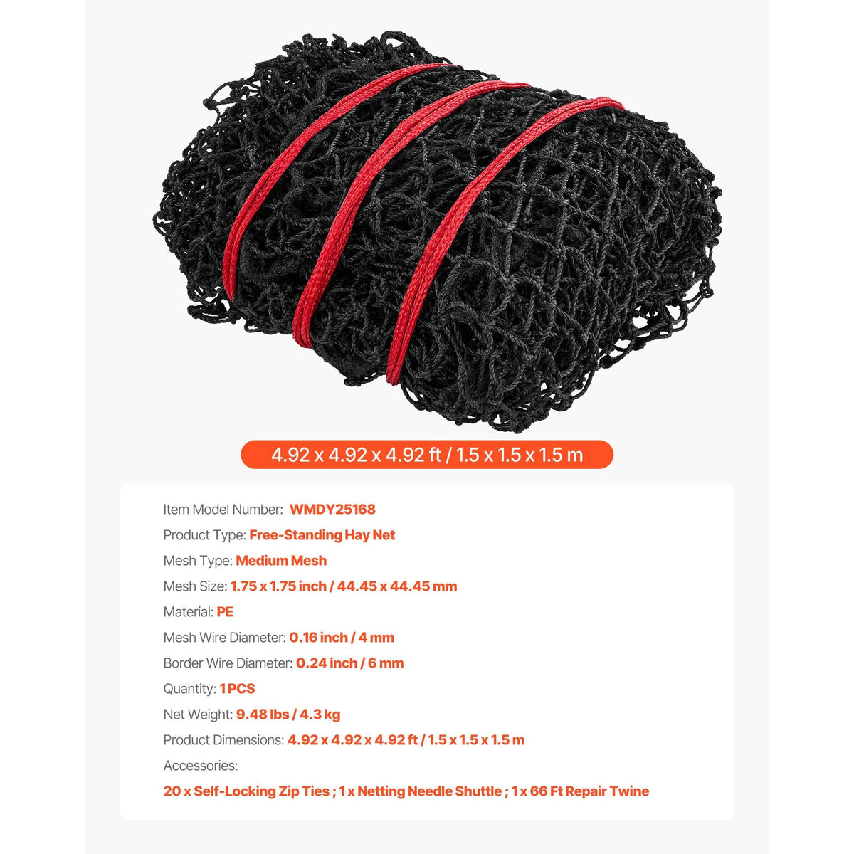 Round Bale Hay Net, 4.92 x 4.92 x 4.92 ft, 1.75 inch Holes, PE Material, Reinforced Knotted Design, with Zip Ties, Needle Shuttle, and Repair Twine, Slow Feeder Round Bale Net for Horses