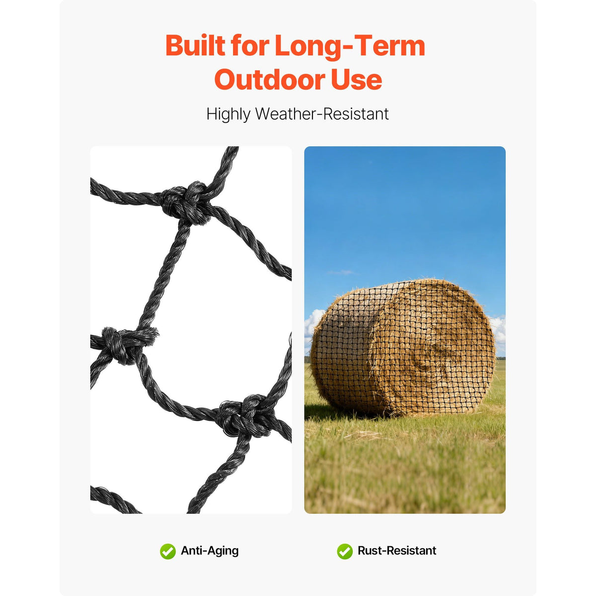 Round Bale Hay Net, 4.92 x 4.92 x 4.92 ft, 1.75 inch Holes, PE Material, Reinforced Knotted Design, with Zip Ties, Needle Shuttle, and Repair Twine, Slow Feeder Round Bale Net for Horses