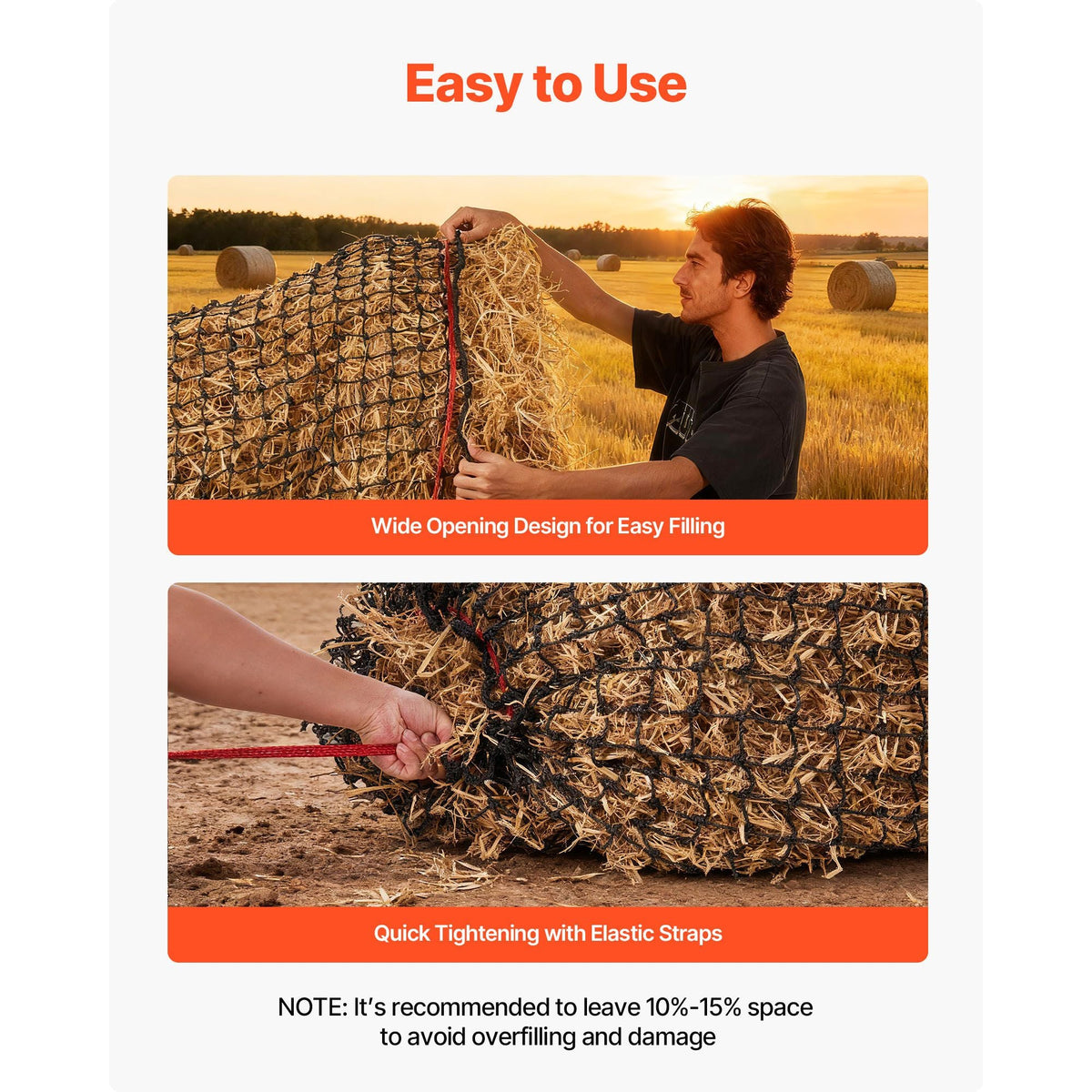 Round Bale Hay Net, 4.92 x 4.92 x 4.92 ft, 1.75 inch Holes, PE Material, Reinforced Knotted Design, with Zip Ties, Needle Shuttle, and Repair Twine, Slow Feeder Round Bale Net for Horses