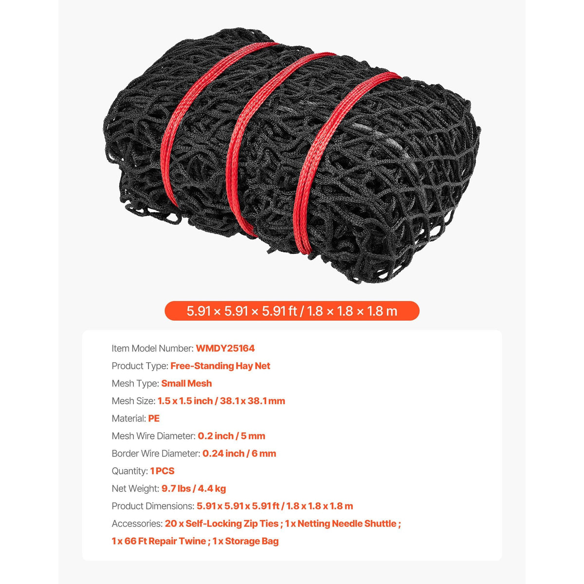 Round Bale Hay Net, 5.91 x 5.91 x 5.91 ft, 1.5 inch Holes, PE Material, Knotless Design, with Zip Ties, Needle Shuttle, Repair Twine and Storage Bag, Slow Feeder Round Bale Net for Horses