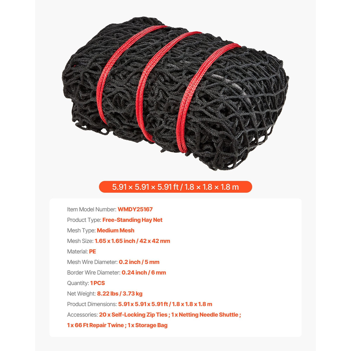 Round Bale Hay Net, 5.91 x 5.91 x 5.91 ft, 1.65 inch Holes, PE Material, Knotless Design, with Zip Ties, Needle Shuttle, Repair Twine and Storage Bag, Slow Feeder Round Bale Net for Horses