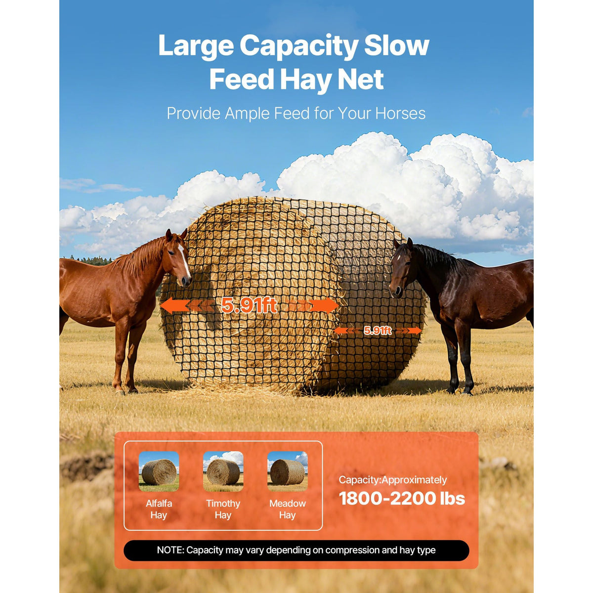 Round Bale Hay Net, 5.91 x 5.91 x 5.91 ft, 1.65 inch Holes, PE Material, Knotless Design, with Zip Ties, Needle Shuttle, Repair Twine and Storage Bag, Slow Feeder Round Bale Net for Horses