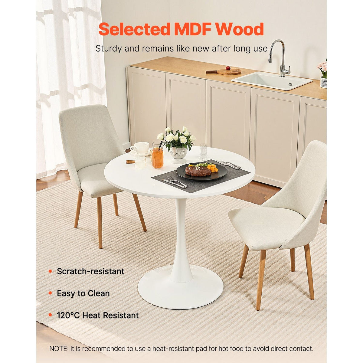 Round Dining Table, 31.5 in Wood Table for 2-4 Person, Modern Circle Furniture, Leisure Coffee Office Tables with Pedestal Base in Tulip Design, for Home Kitchen Living Room, White(Only Table)